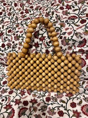 Anthropologie Handcrafted Wooden Bead Tote Bag in Natural Tan 5 1/2” x 11”
